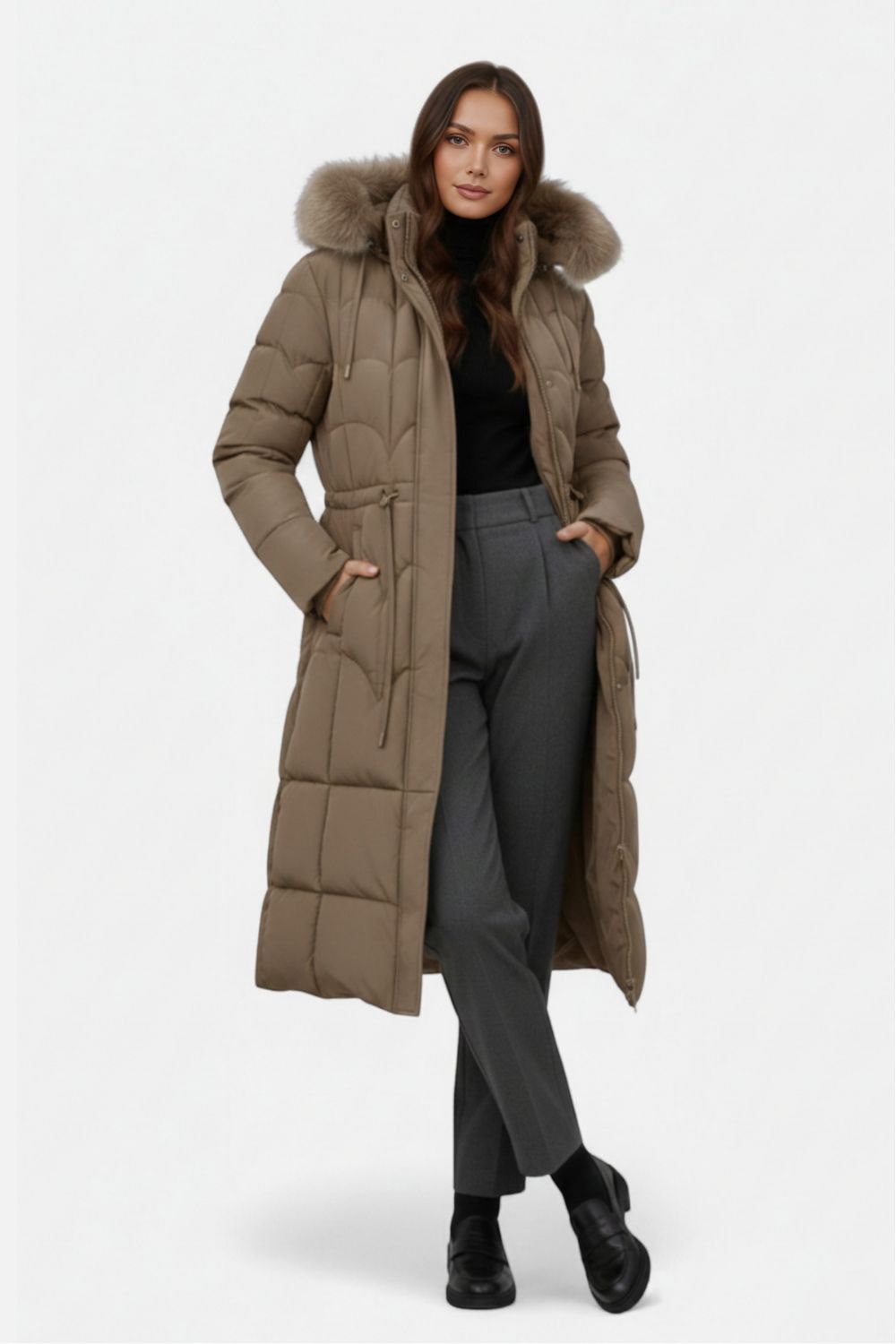Elegant mid-length hooded drawstring coat for women -6