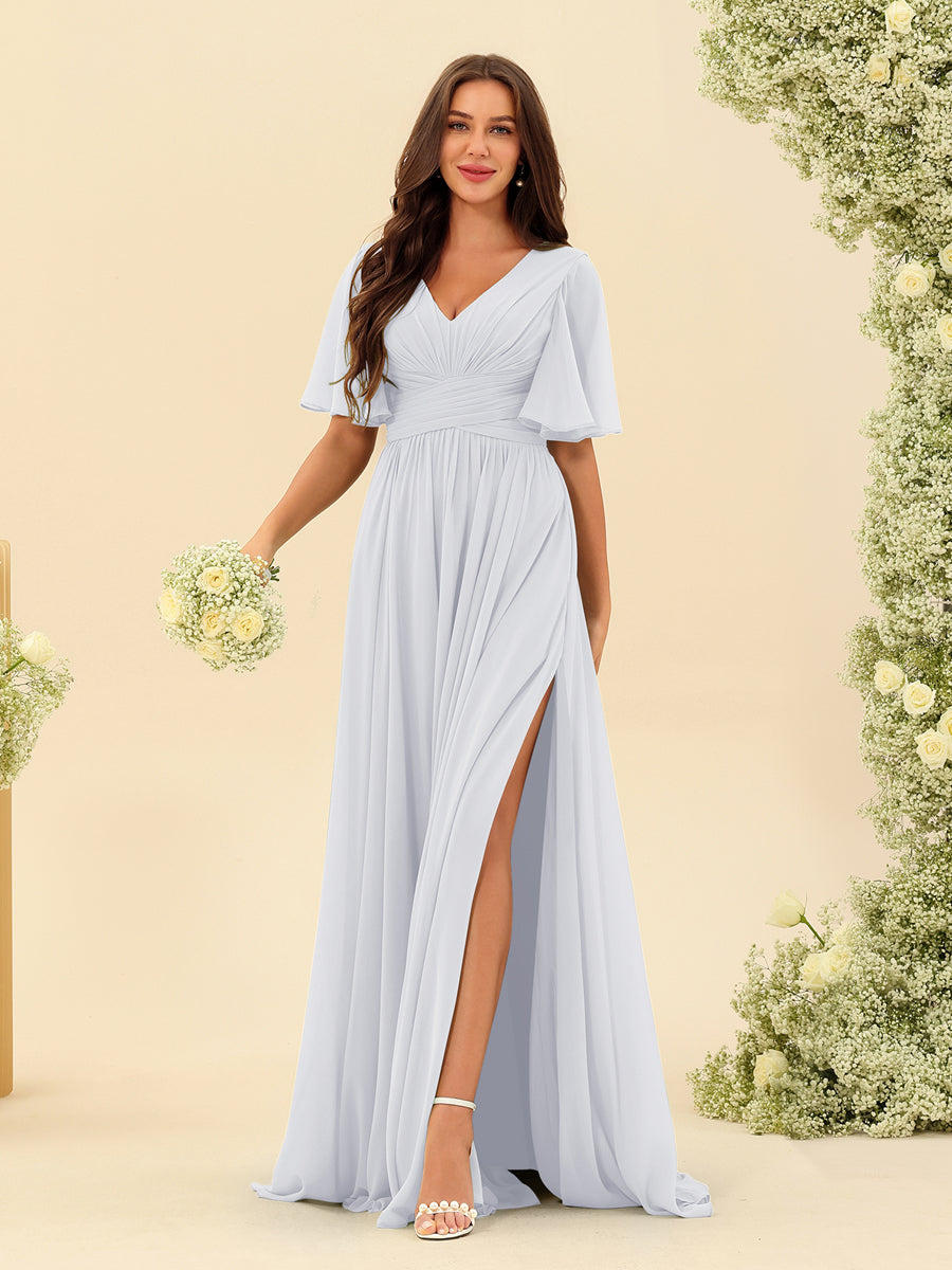Elegant A-line V-neck chiffon dress with pockets for women | Elise -11