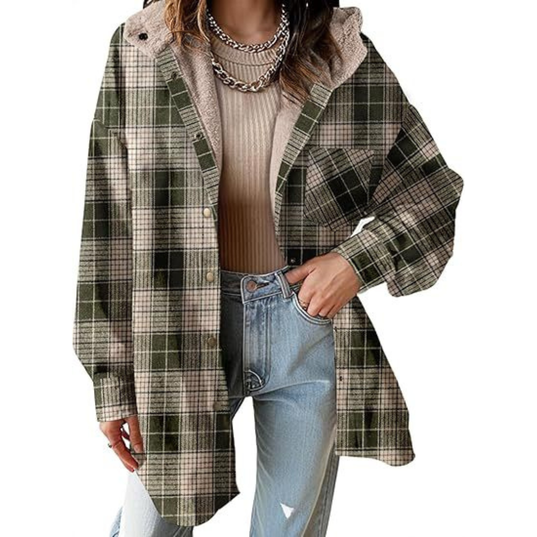 Relaxed Fit Hooded Plaid Jacket Stylish For Women | Brinley