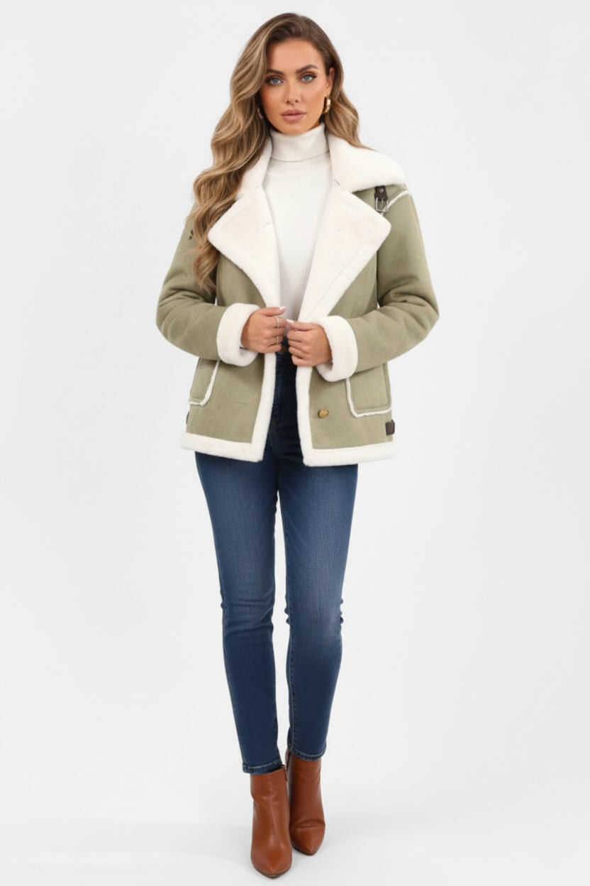 Lapel Trim Shearling Style Jacket Stylish For Women | Maelis
