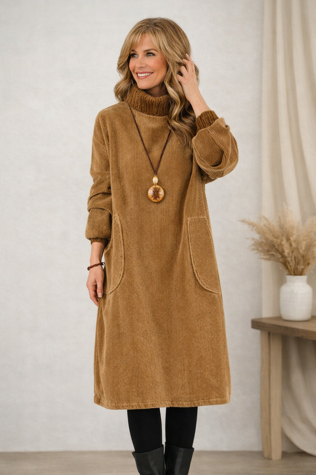 Classic everyday turtleneck midi sweater dress for women | Evelyn -3