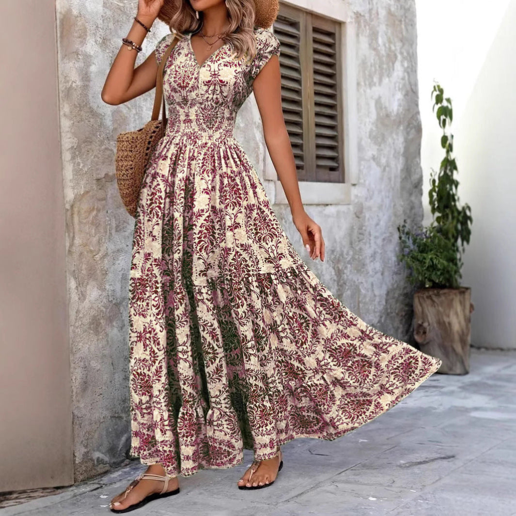 Chic V Neck Shirred Boho Dress Elegant For Women | Isadora