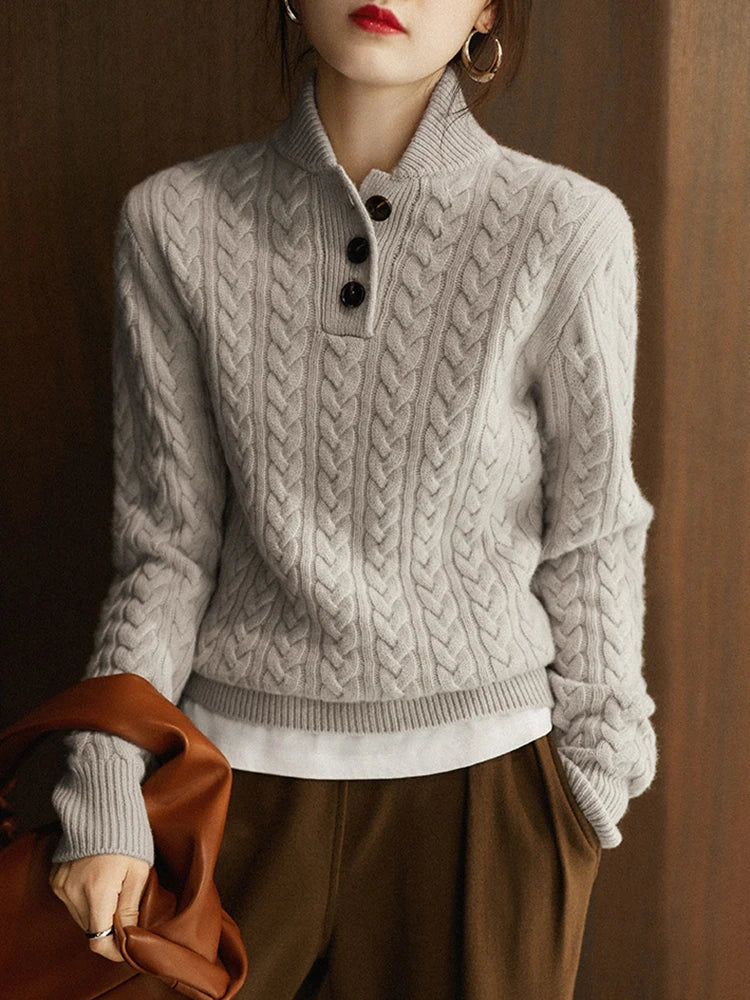 Cable Detail Half Button Sweater Cozy For Women | Isabelle