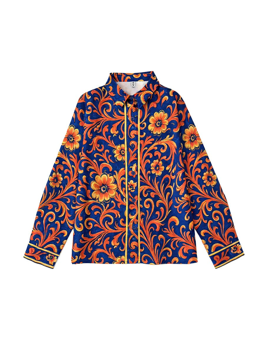 Long-sleeve buttoned flower print lapel blouse for women - 5