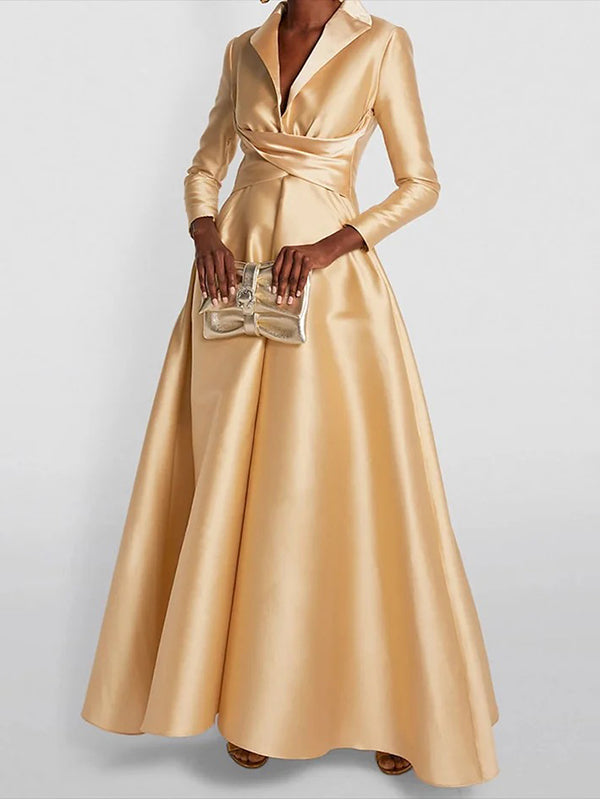 A-line high-waist pleated V-neck solid maxi dress for women - 2