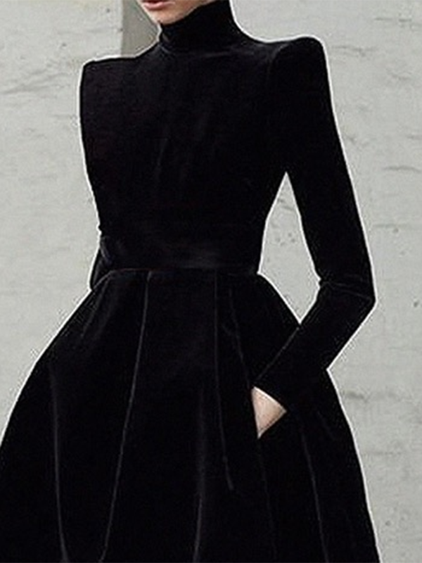 Long-sleeve skinny solid high-neck midi dress for women - 2