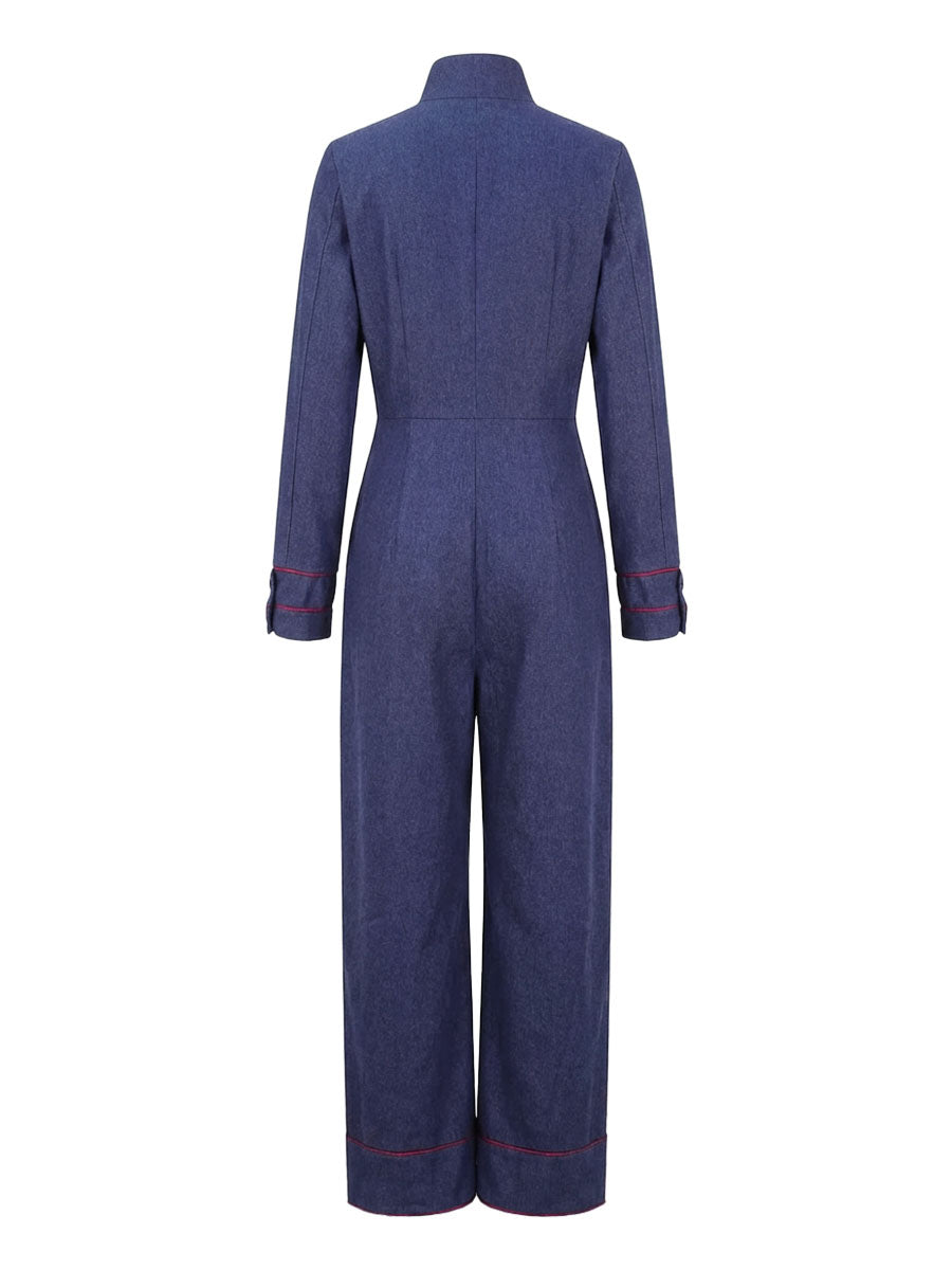 Wide-leg long-sleeve zip stand-collar jumpsuit for women - 10