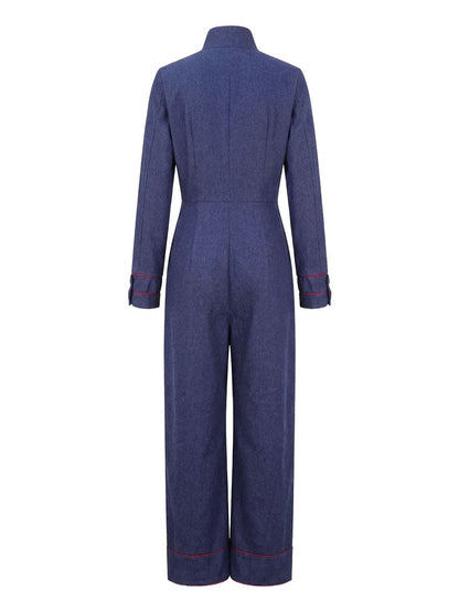 Wide-leg long-sleeve zip stand-collar jumpsuit for women - 10