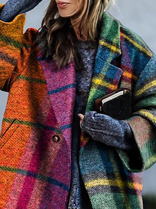 Three-quarter sleeve contrast plaid wool blend coat for women - 4