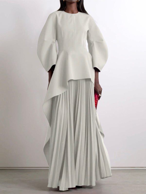 Long-sleeve loose tiered pleated round-neck maxi dress for women - 8