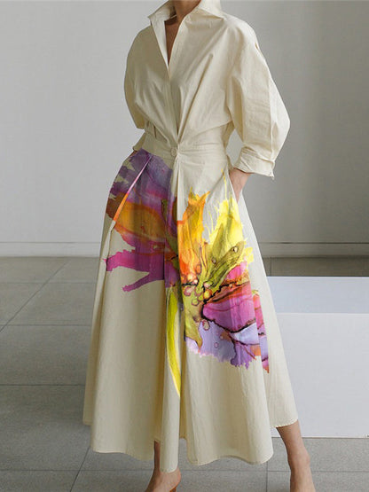 Long-sleeve floral pleated tied-waist lapel midi shirt dress for women - 1