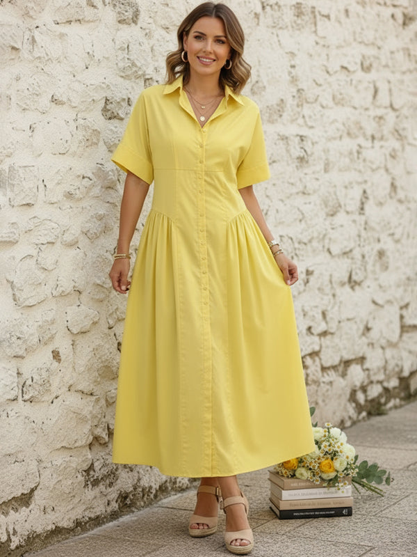 Short-sleeve loose pleated lapel midi shirt dress for women - 4