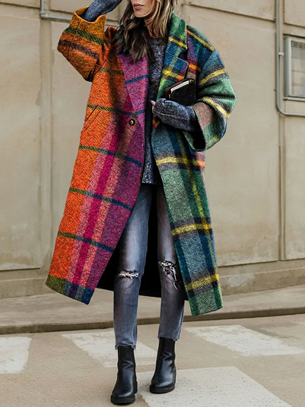 Three-quarter sleeve contrast plaid wool blend coat for women - 5