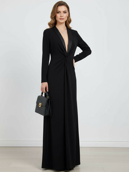 Long-sleeve skinny deep V-neck solid maxi dress for women - 3