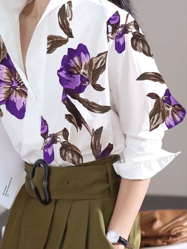 Long-sleeve loose flower print stand-collar blouse for women - 3