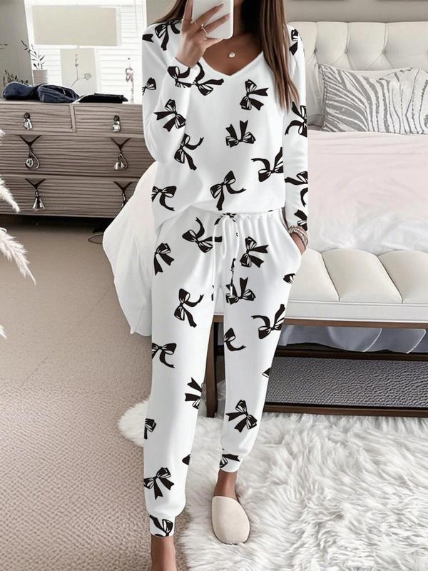 Bow Print V Neck Top And Trousers Set Stylish For Women | Sandra
