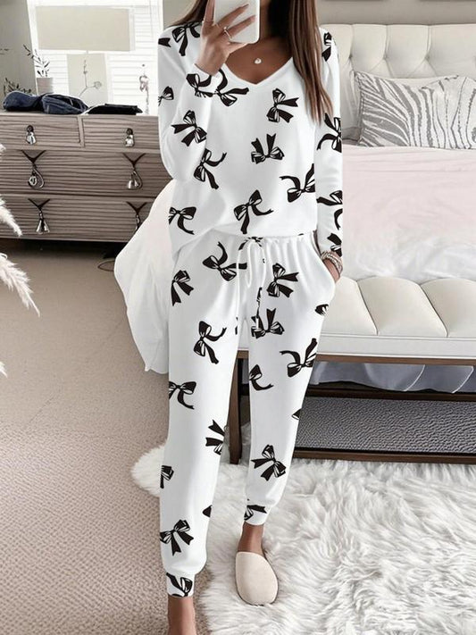 Bow Print V Neck Top And Trousers Set Stylish For Women | Sandra