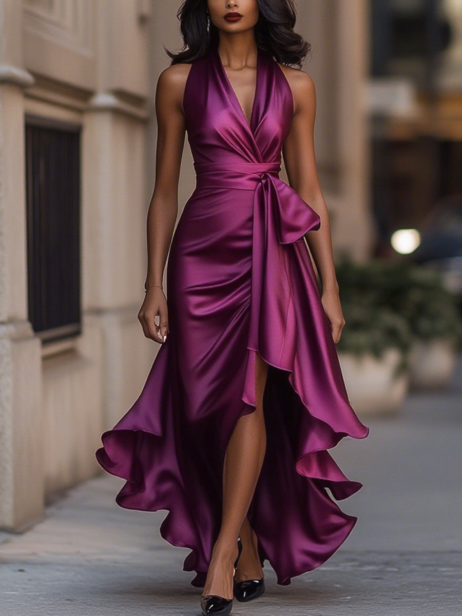 Glamorous satin halter evening gown for women - 17