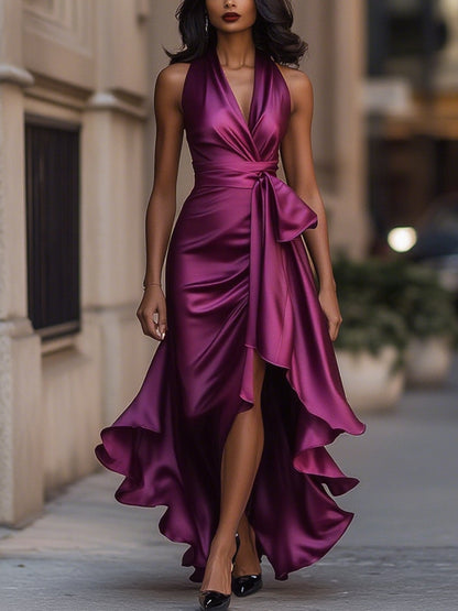 Glamorous satin halter evening gown for women - 17