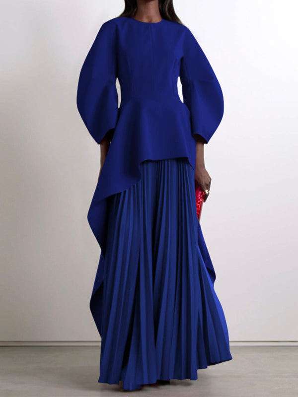 Long-sleeve loose tiered pleated round-neck maxi dress for women - 11