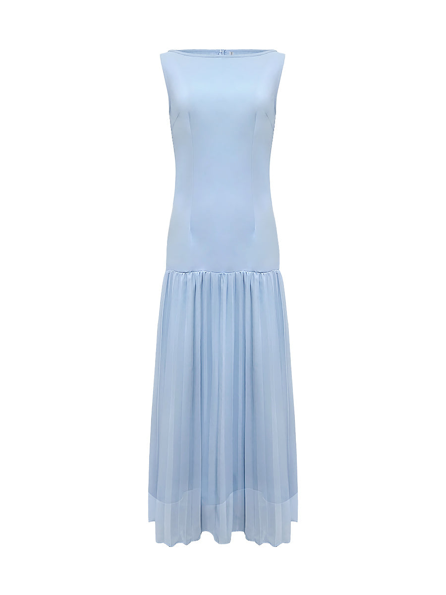 Sleeveless gauze pleated boat-neck evening maxi dress for women - 11