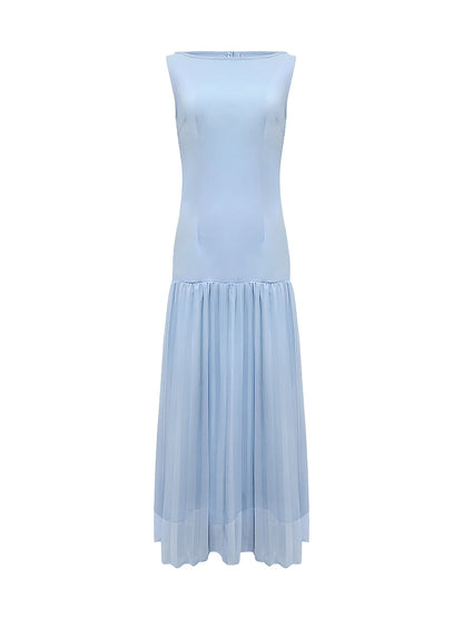 Sleeveless gauze pleated boat-neck evening maxi dress for women - 11