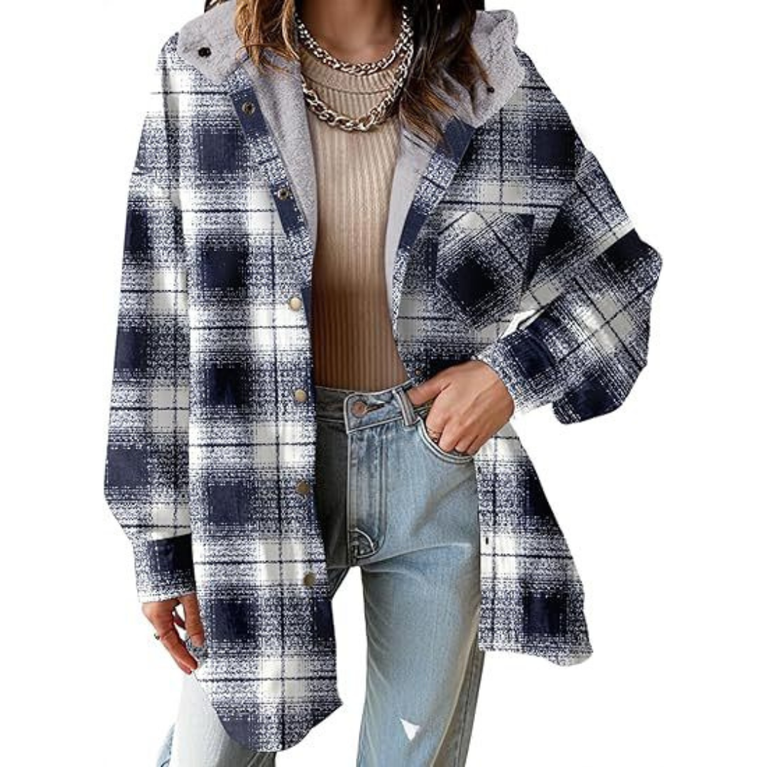Relaxed Fit Hooded Plaid Jacket Stylish For Women | Brinley