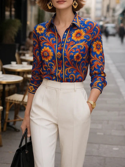 Long-sleeve buttoned flower print lapel blouse for women - 3