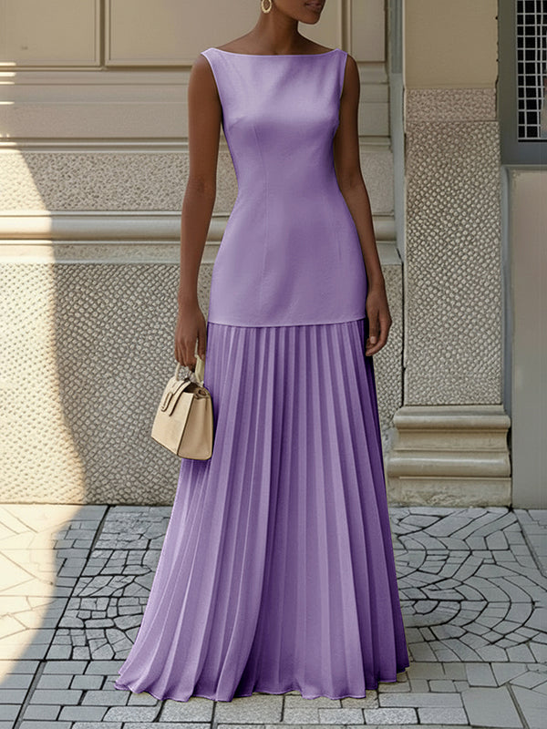 Sleeveless gauze pleated boat-neck evening maxi dress for women - 7