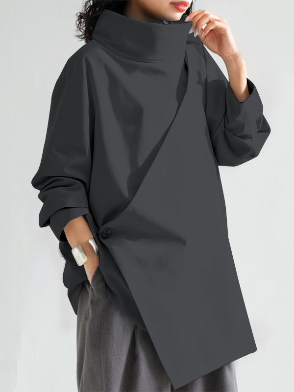 Long-sleeve loose solid high-neck everyday top for women - 8