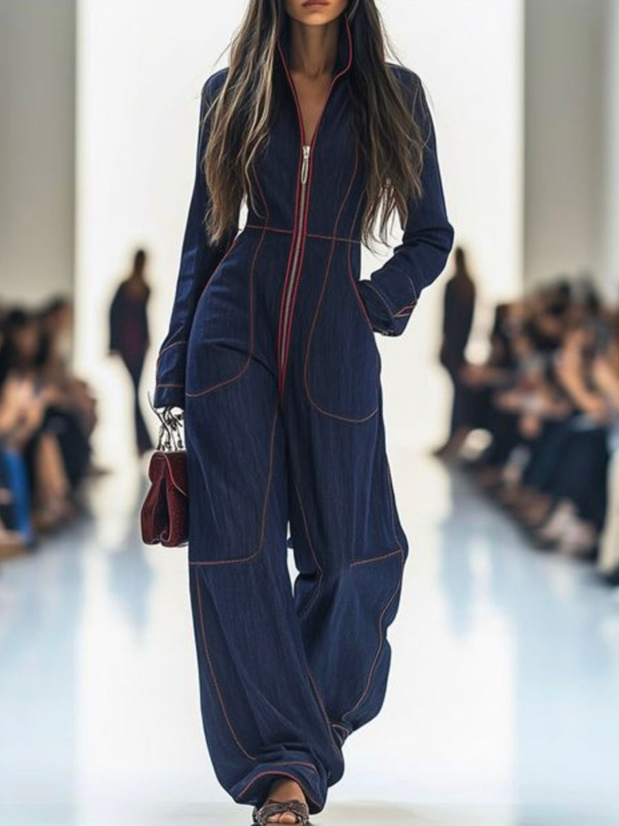 Wide-leg long-sleeve zip stand-collar jumpsuit for women - 1