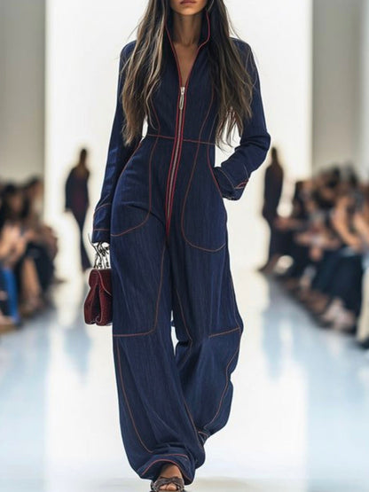 Wide-leg long-sleeve zip stand-collar jumpsuit for women - 1