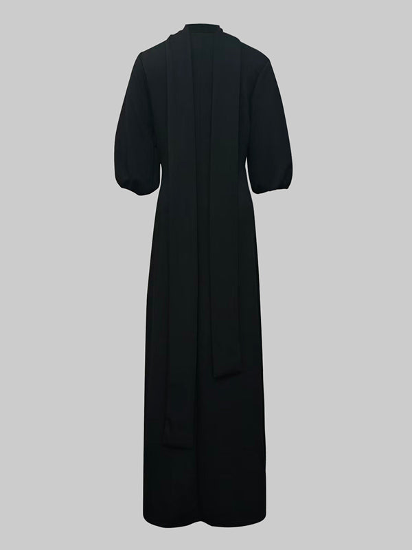 Loose puff-sleeve buttoned mock-neck maxi dress for women - 4