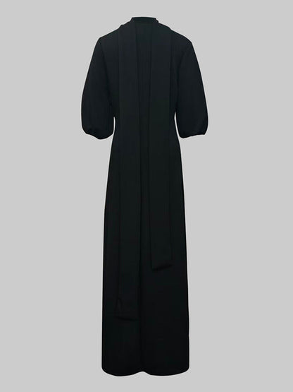 Loose puff-sleeve buttoned mock-neck maxi dress for women - 4