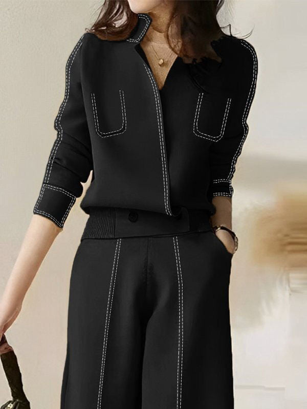 Long-sleeve loose V-neck split-joint cardigan top for women - 1