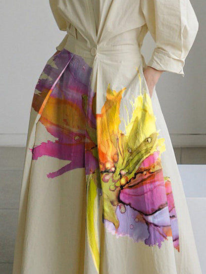 Long-sleeve floral pleated tied-waist lapel midi shirt dress for women - 2