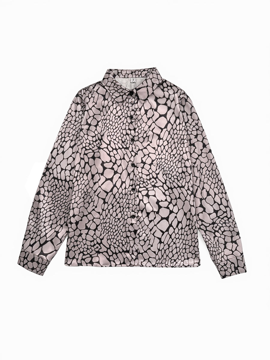Long-sleeve contrast snakeskin print lapel blouse for women - 4