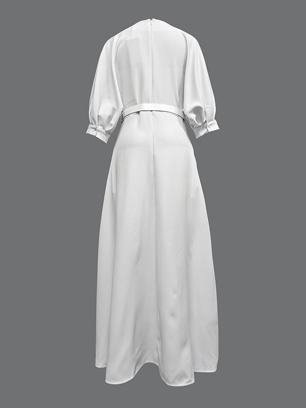 Half-sleeve loose belted deep V-neck solid maxi dress for women - 6