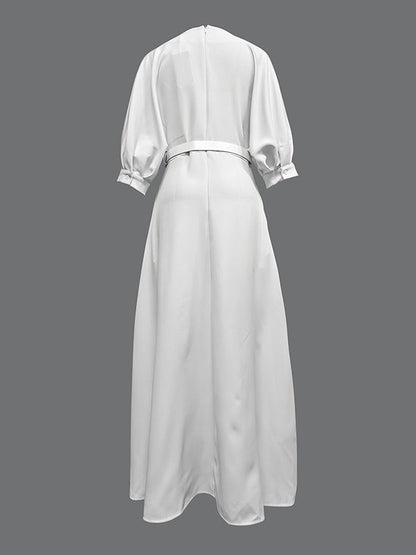 Half-sleeve loose belted deep V-neck solid maxi dress for women - 6