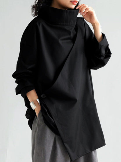 Long-sleeve loose solid high-neck everyday top for women - 1