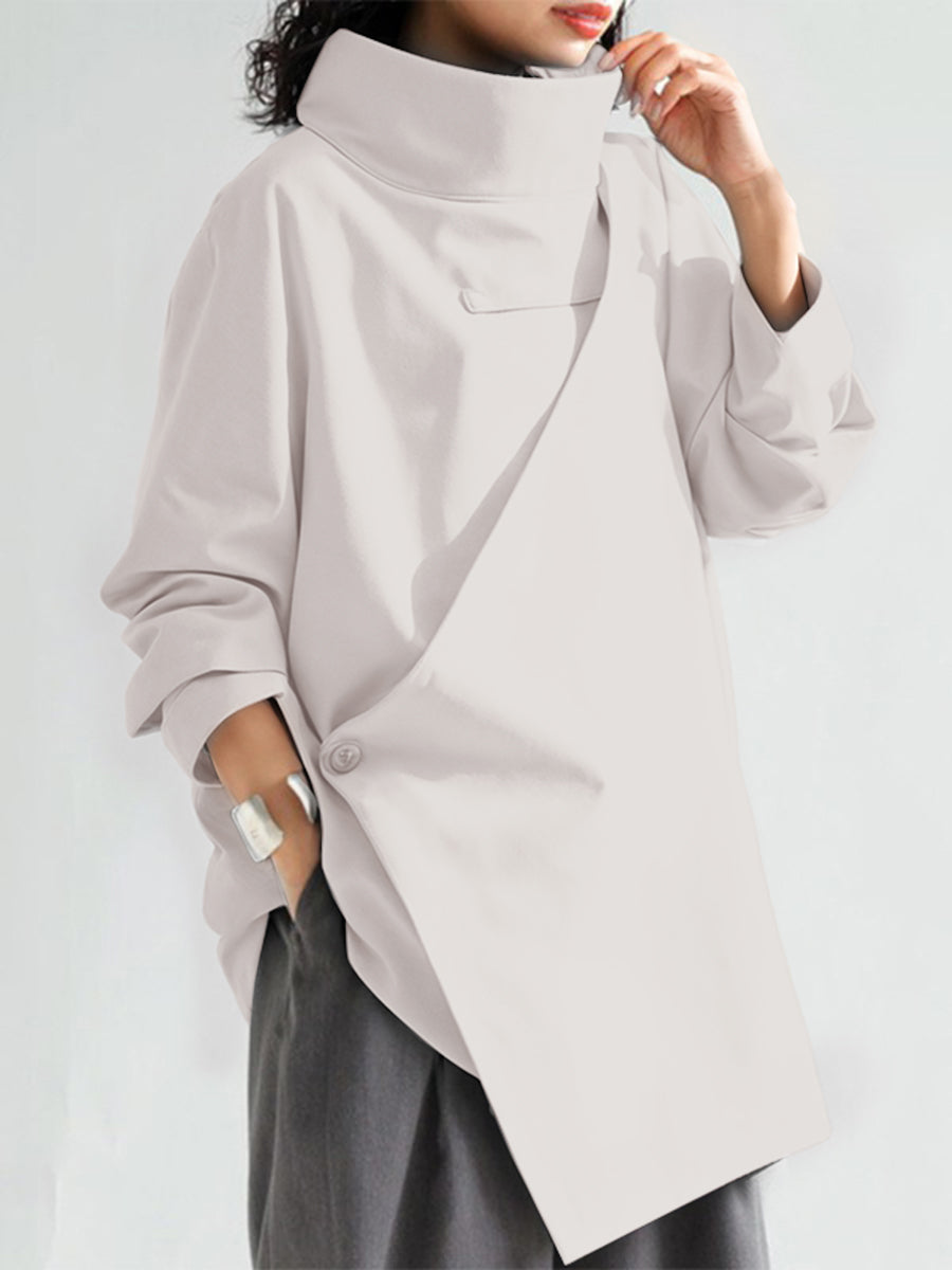 Long-sleeve loose solid high-neck everyday top for women - 3