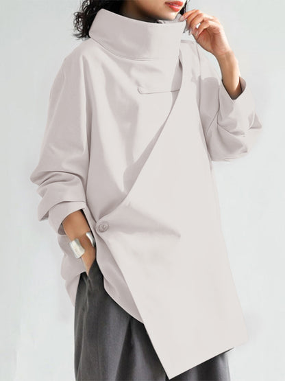 Long-sleeve loose solid high-neck everyday top for women - 3