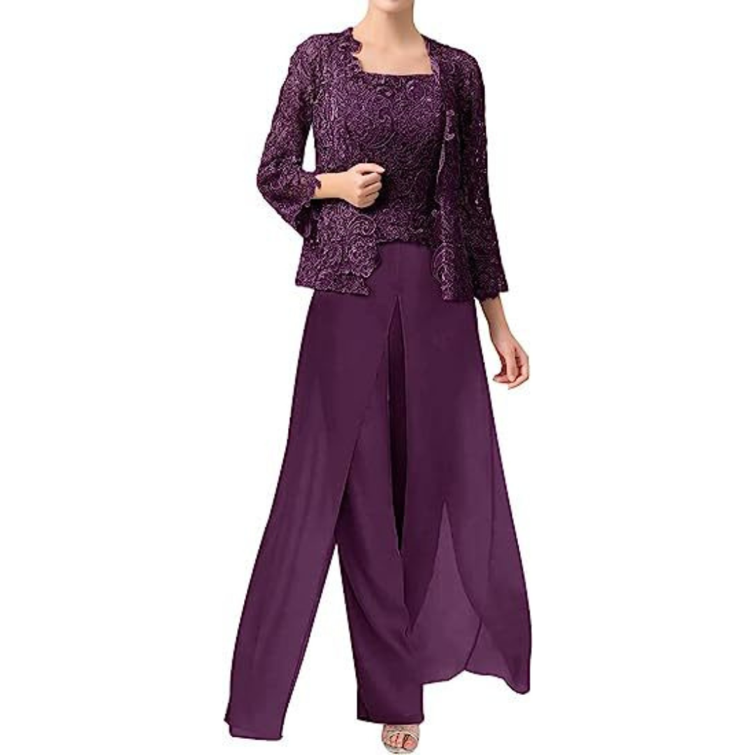 Elegant lace chiffon square-neck pantsuit with jacket for women | Diana -5