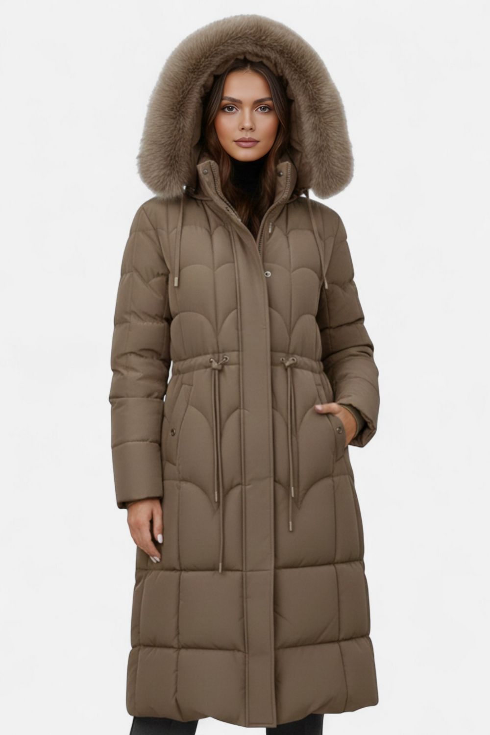 Elegant mid-length hooded drawstring coat for women -4