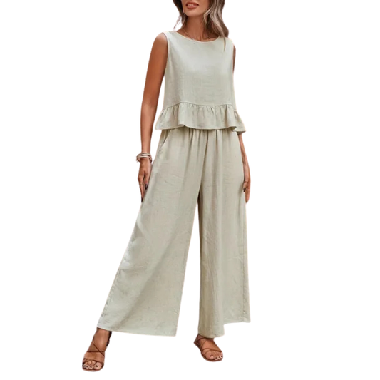 Ruffle Hem Tank Top And Wide Leg Trousers Set Stylish For Women | Elenora