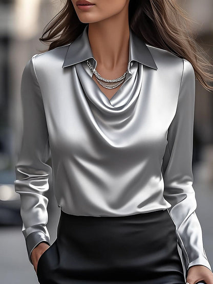 Elegant satin draped-neck blouse for women - 13