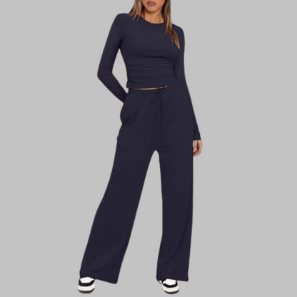 Casual Long Sleeve Top And Wide Leg Trousers Set Stylish For Women | Eloria