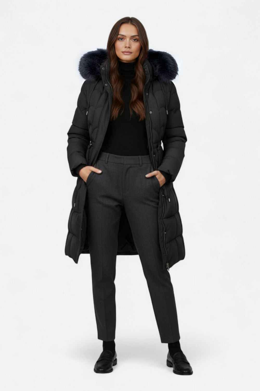 Elegant mid-length hooded drawstring coat for women -3