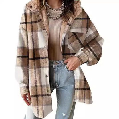 Relaxed Fit Hooded Plaid Jacket Stylish For Women | Brinley