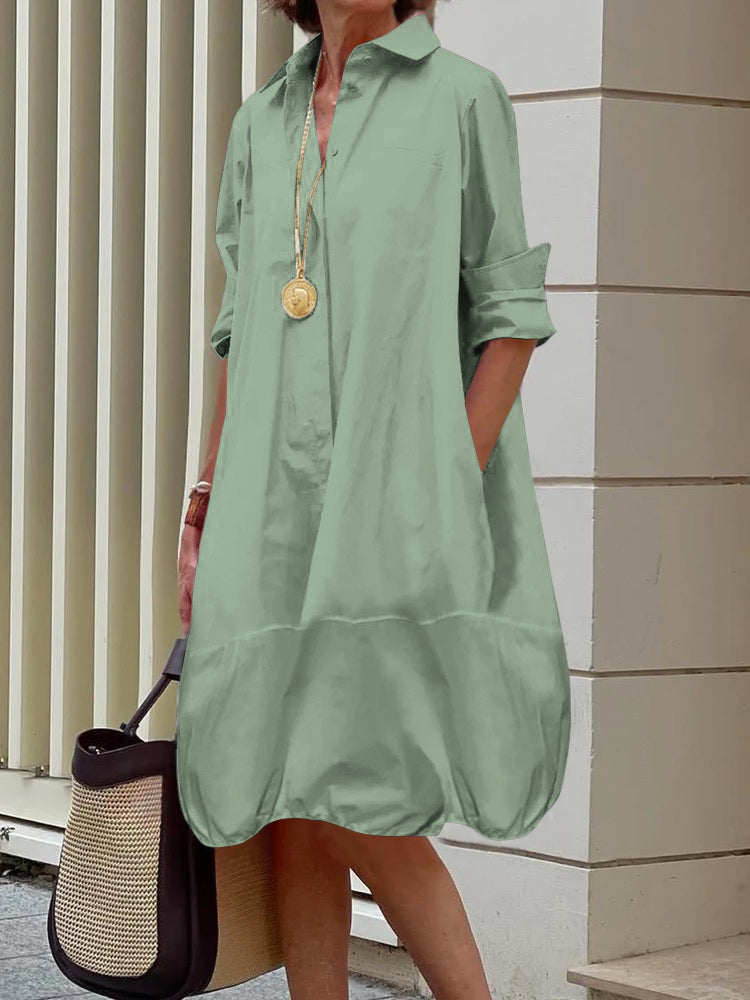Long-sleeve loose solid lapel collar midi shirt dress for women - 6